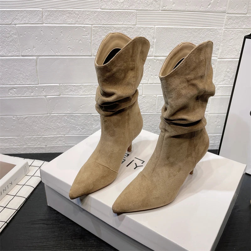 Vintage Pointed Toe Women Ankle Boots Autumn Ladies Concise High Heel Slip On Short Botas Zapatos De Mujer