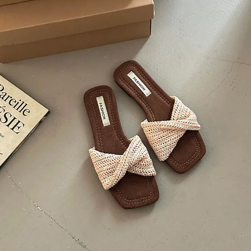 Vintage Summer Flip Flop Women's Weave Flats Slippers Comfort Slip On Clip Toe Slides Casual Beach Vacation Dress Shoes