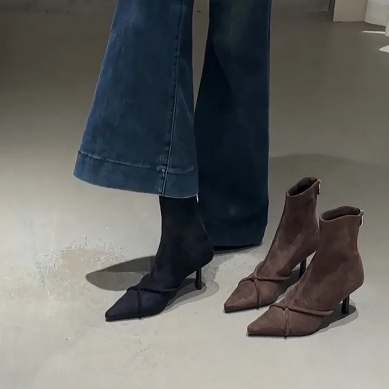 Vintage Women Ankle Boots Fashion Pointed Toe Thin High Heels Shoes Party Prom Elastic Slim Botas Para Mujer