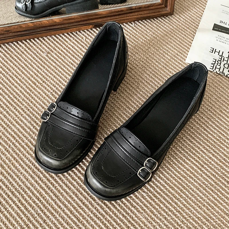 Vintage Thick Low Heel Women Mary Jane Shoes Ladies Concise Slip On Pumps Spring Autumn Women's Leather Shoes
