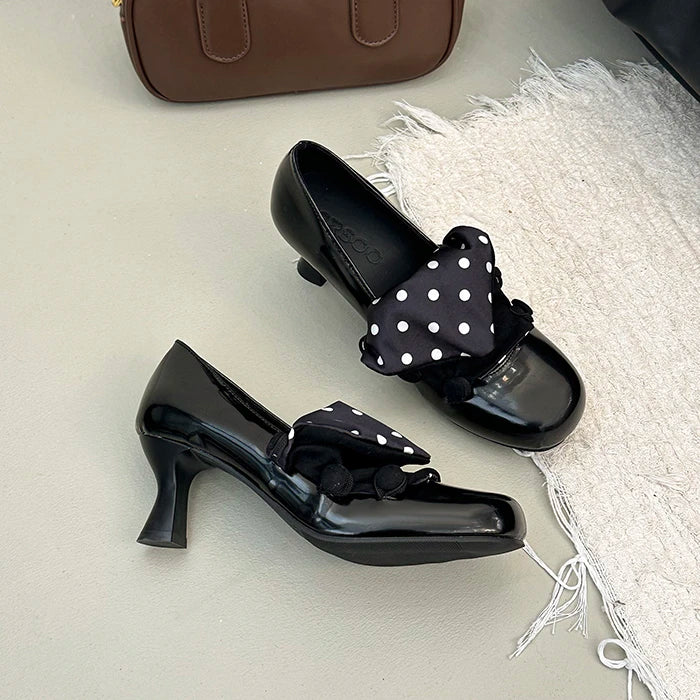 Vintage Polka Dot Thick Heel Women Mary Jane Shoes Outdoor Slip On Pumps Spring Autumn Eelgant Dress Leather Single Shoes