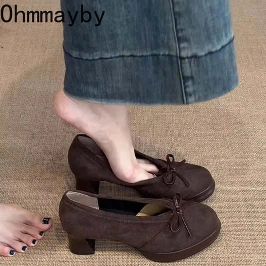 2026 New Spring Autumn Platform Mary Jane Shoes Women Thick High Heels Shoes Vintage Slip On Butterfly-knot  Pumps