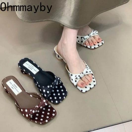 2026 New Polka Dot Summer Open Toe Women Slippers Concise Thick Low Heel Dress Shoes Outdoor Beach Vacation Slides Shoes
