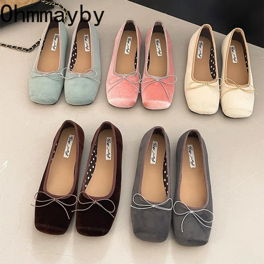 2026 New Spring Square Toe Women Ballet Flats Ladies Casual Shallow Slip On Shoes Eelgant Butterfly-knot Soft Sole Dress Shoes