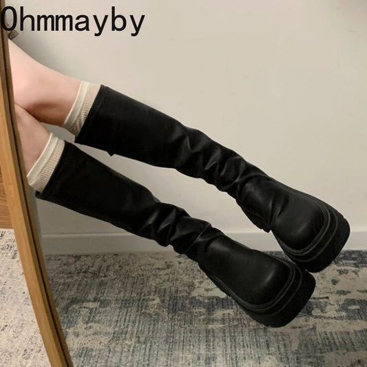 2026 New Spring Autumn Slim Women Knight High Boots Female Platform Thick Bottom Shoes Ladies Soft Leather Mordern Long Booties