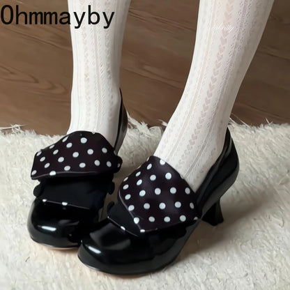 Vintage Polka Dot Thick Heel Women Mary Jane Shoes Outdoor Slip On Pumps Spring Autumn Eelgant Dress Leather Single Shoes