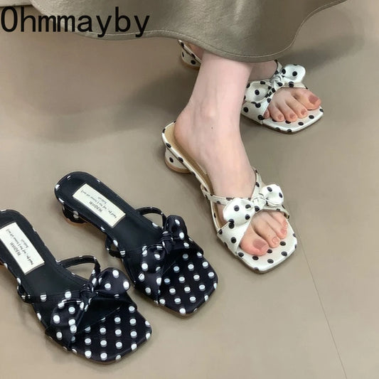 2026 New Polka Dot Summer Open Toe Women Slippers Concise Low Heel Dress Shoes Outdoor Butterfly-knot Vacation Slides Shoes