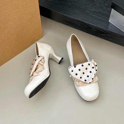 Vintage Polka Dot Thick Heel Women Mary Jane Shoes Outdoor Slip On Pumps Spring Autumn Eelgant Dress Leather Single Shoes