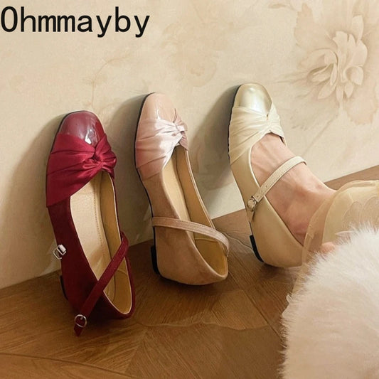 2026 New Spring Square Toe Satin Women Mary Jane Shoes Designer Buckle Ladies Eelgant Internal Elevation Dress Ballet Shoes