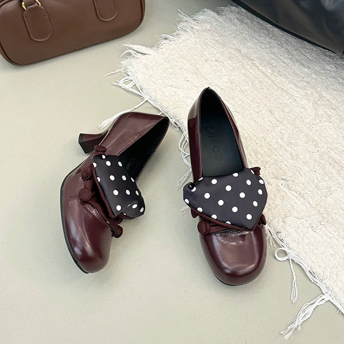 Vintage Polka Dot Thick Heel Women Mary Jane Shoes Outdoor Slip On Pumps Spring Autumn Eelgant Dress Leather Single Shoes