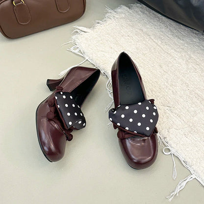 Vintage Polka Dot Thick Heel Women Mary Jane Shoes Outdoor Slip On Pumps Spring Autumn Eelgant Dress Leather Single Shoes